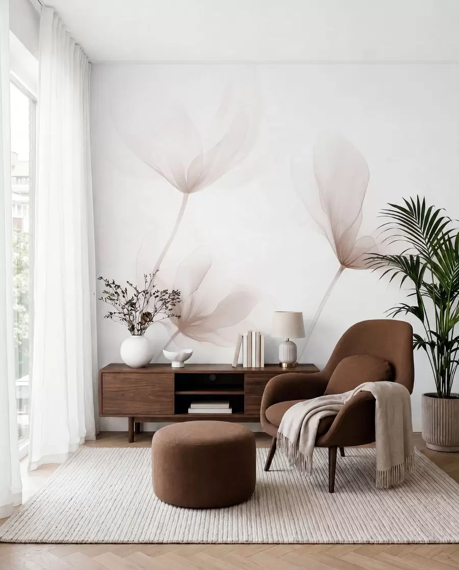 wall murals Прозрачно беж цвеће у минималистичком светлом стилу w09734
