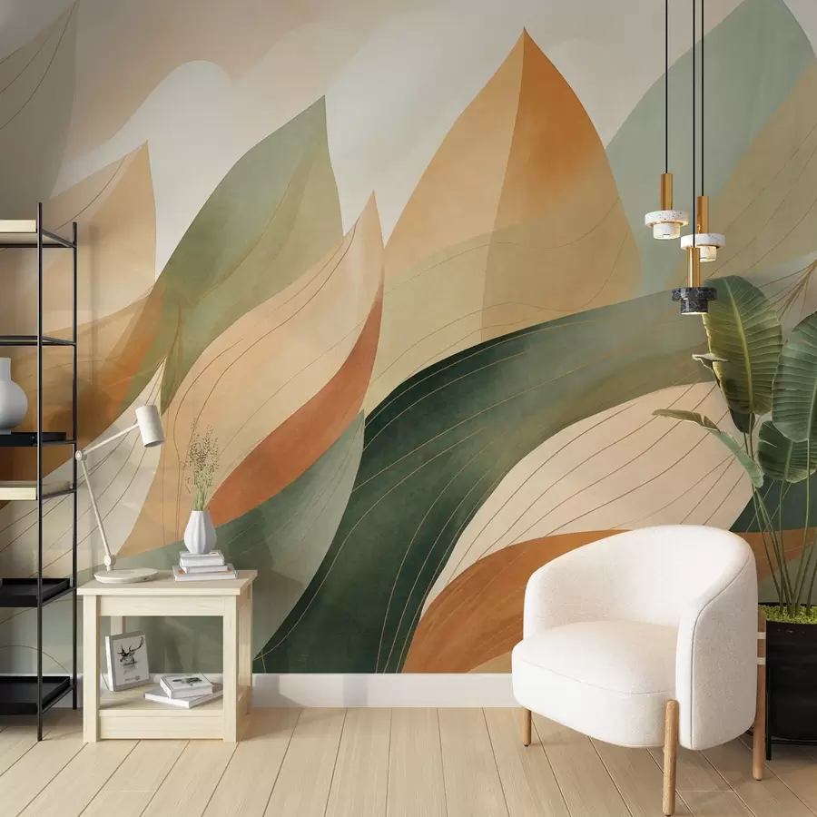 wall murals Апстрактно лишће, пригушени земљани тонови зелене, наранџасте са нежним линијским детаљима, мека текстура акварела w09736