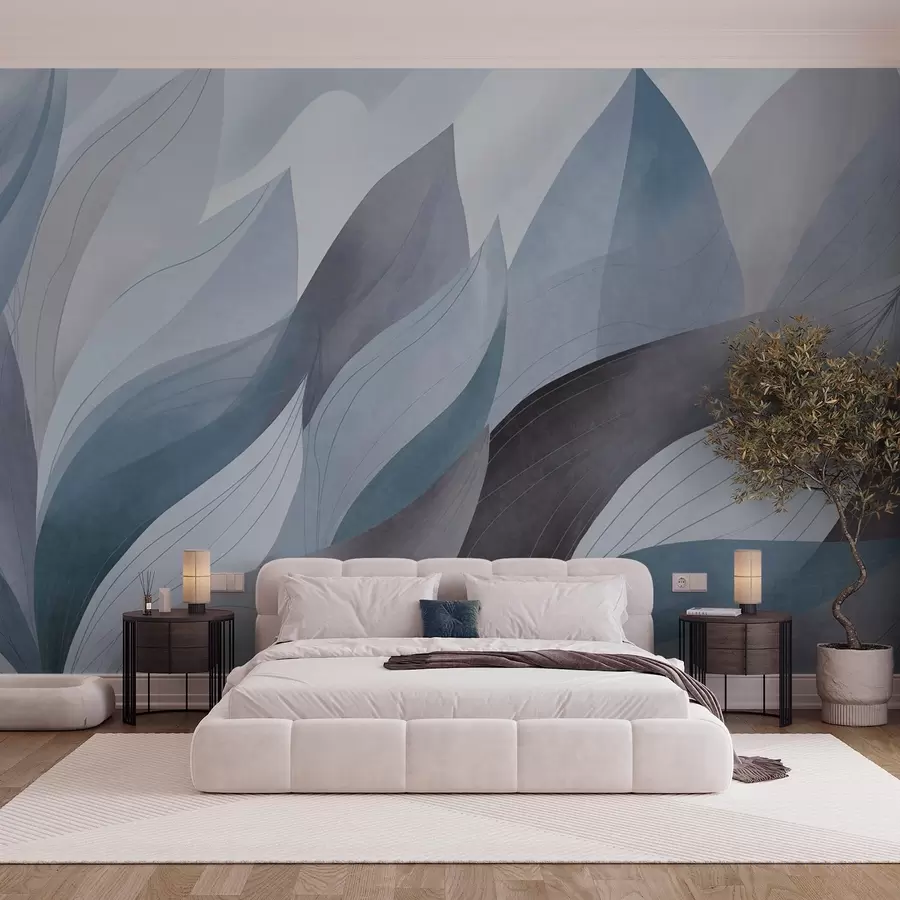 wall murals Апстрактно лишће, пригушени земљани тонови плаве са нежним детаљима линија, мека текстура акварела w09736v1