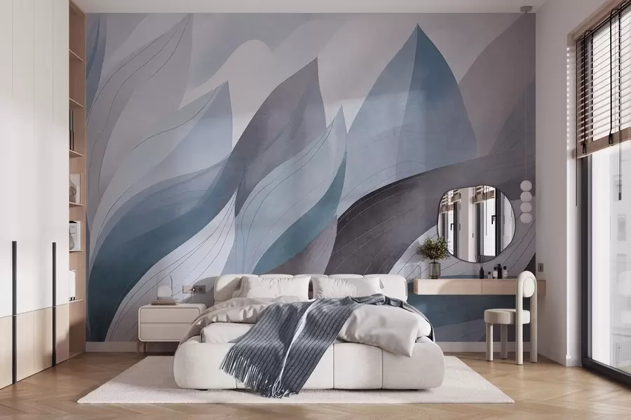 wall murals Апстрактно лишће, пригушени земљани тонови плаве са нежним детаљима линија, мека текстура акварела w09736v1