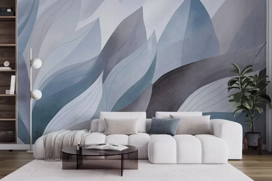 wall murals Апстрактно лишће, пригушени земљани тонови плаве са нежним детаљима линија, мека текстура акварела w09736v1