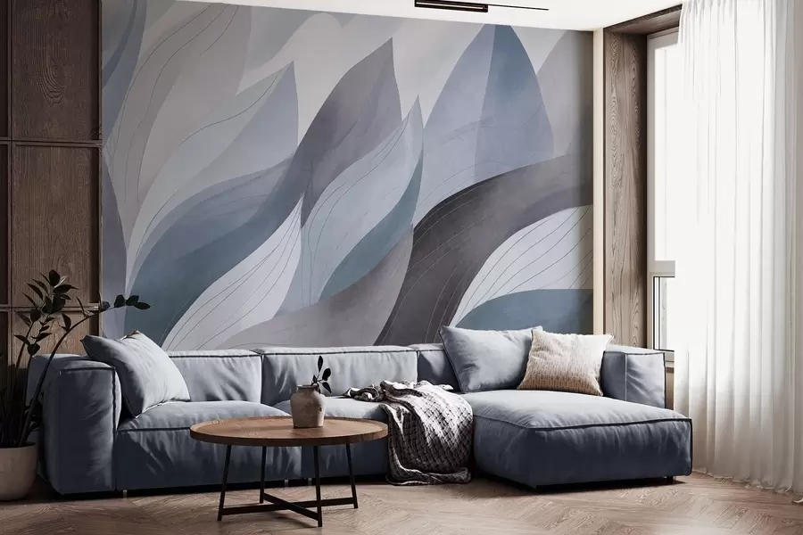 wall murals Апстрактно лишће, пригушени земљани тонови плаве са нежним детаљима линија, мека текстура акварела w09736v1