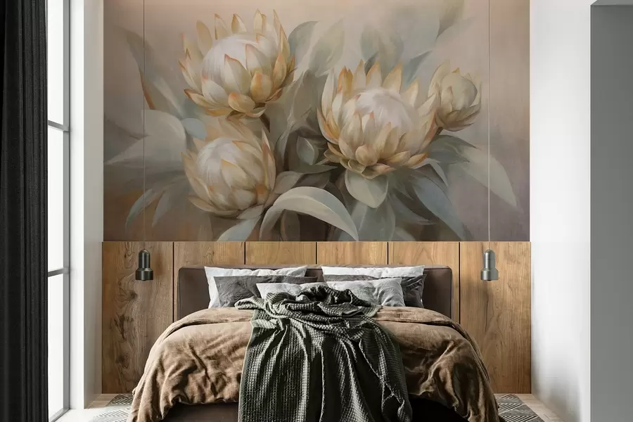 wall murals Текстурирани цветови протеје са зеленим листовима и меком, замућеном позадином w09738