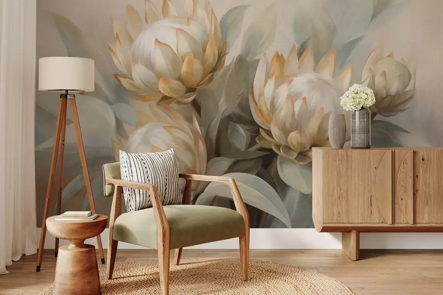 wall murals Текстурирани цветови протеје са зеленим листовима и меком, замућеном позадином w09738