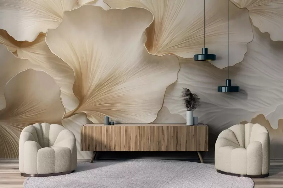 wall murals Текстуриране, беж и беле латице листова гинка са нежним органским принтом w09741