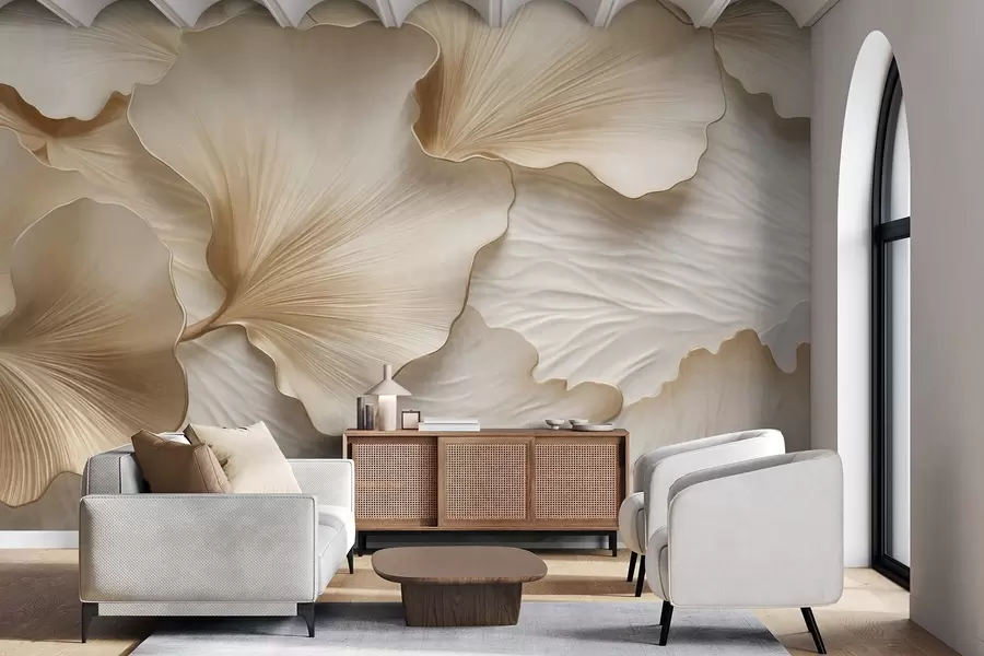 wall murals Текстуриране, беж и беле латице листова гинка са нежним органским принтом w09741