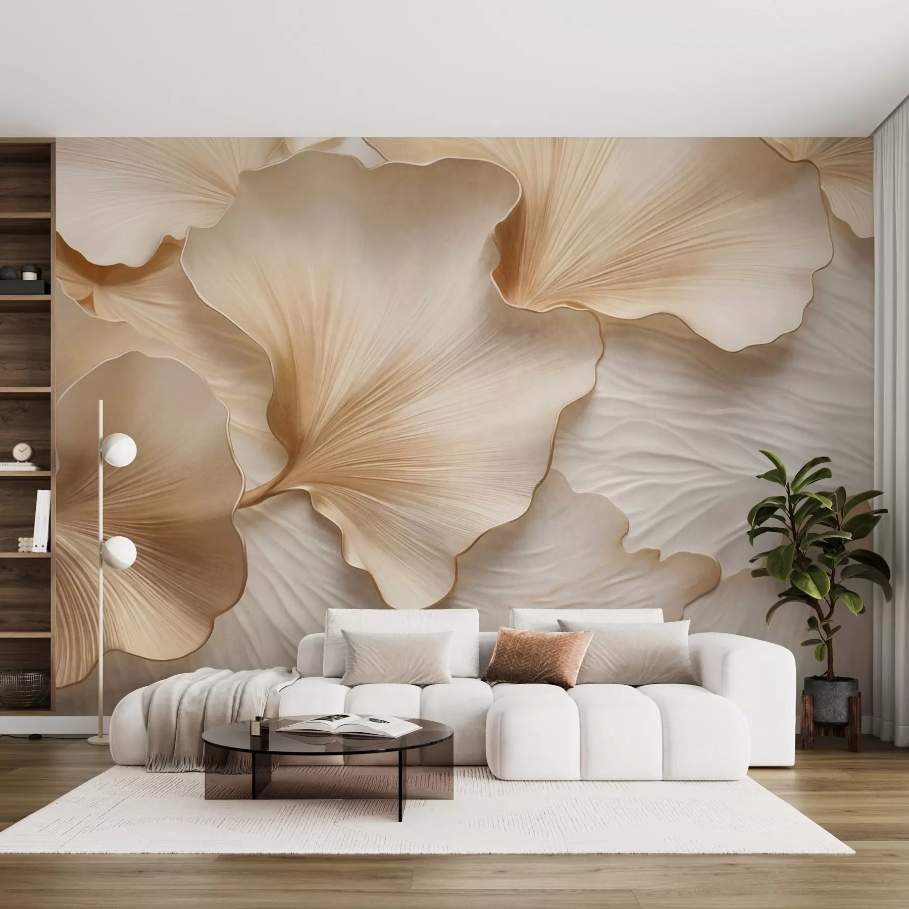 wall murals Текстуриране, беж и беле латице листова гинка са нежним органским принтом w09741