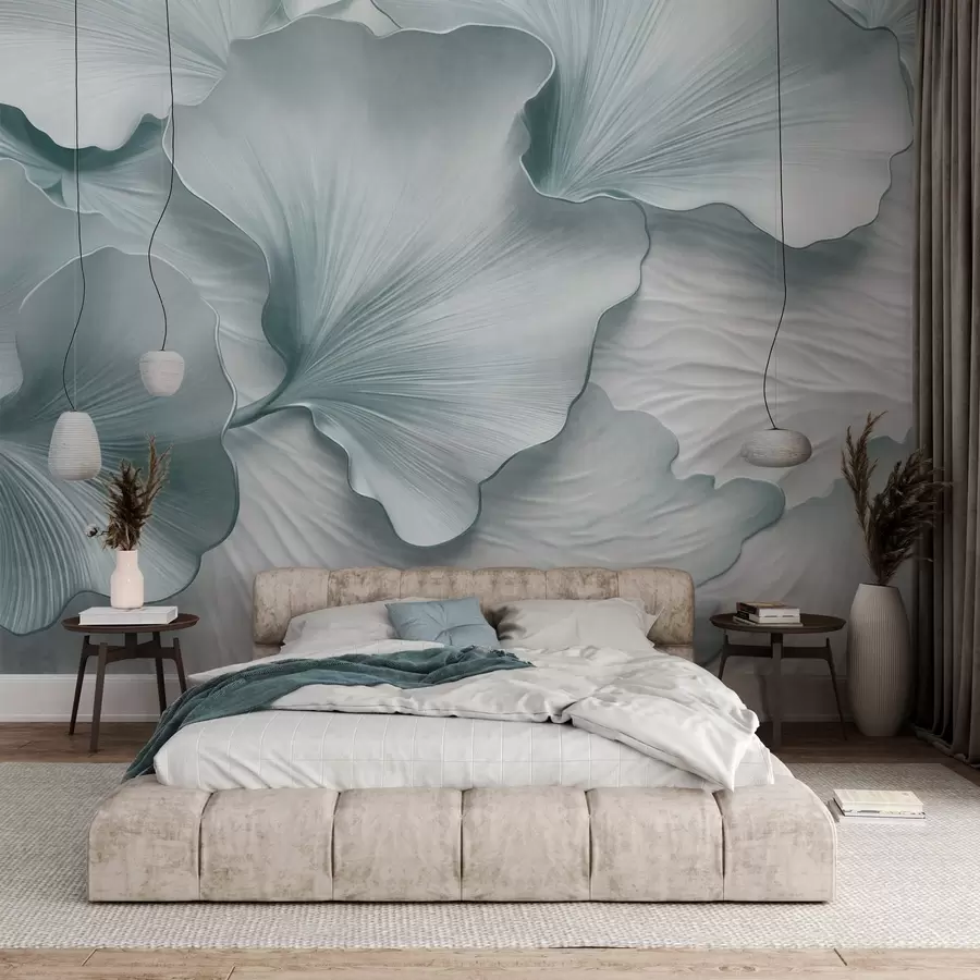 wall murals Текстуриране, плаво-беле латице листова гинка са нежним органским принтом w09741v1