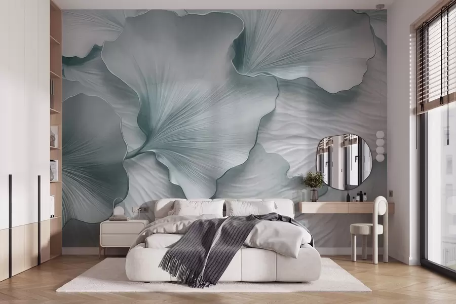 wall murals Текстуриране, плаво-беле латице листова гинка са нежним органским принтом w09741v1