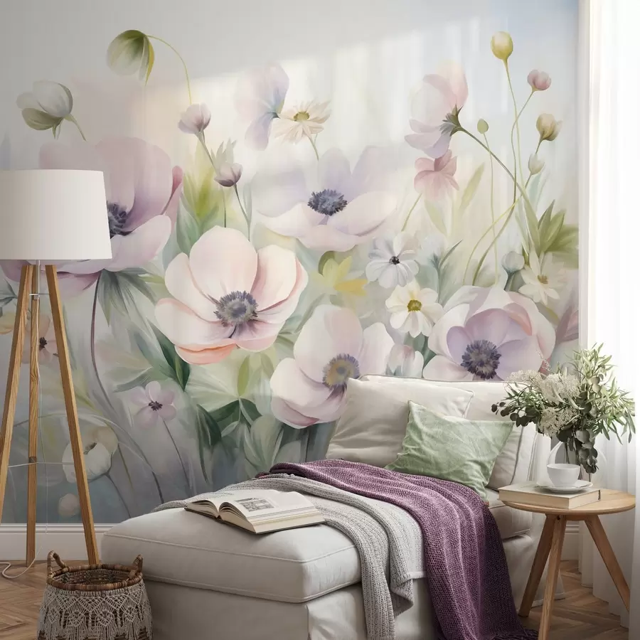 wall murals Поље пастелно ружичастих и белих цветова анемона, зеленог лишћа и малих белих тратинчица w09742