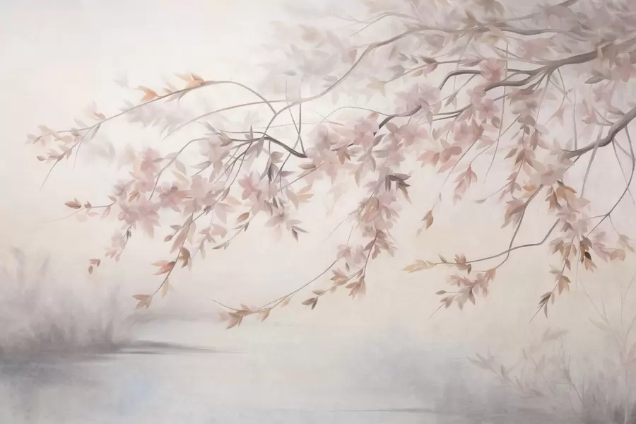 wall murals Текстурирани пејзаж са граном цвета трешње, ружичастим листовима, меком, магловитом позадином w09743