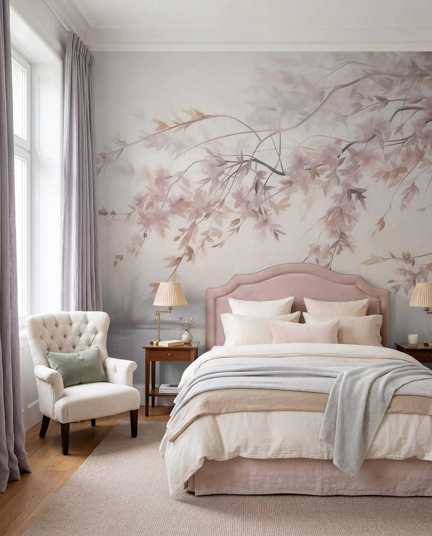 wall murals Текстурирани пејзаж са граном цвета трешње, ружичастим листовима, меком, магловитом позадином w09743
