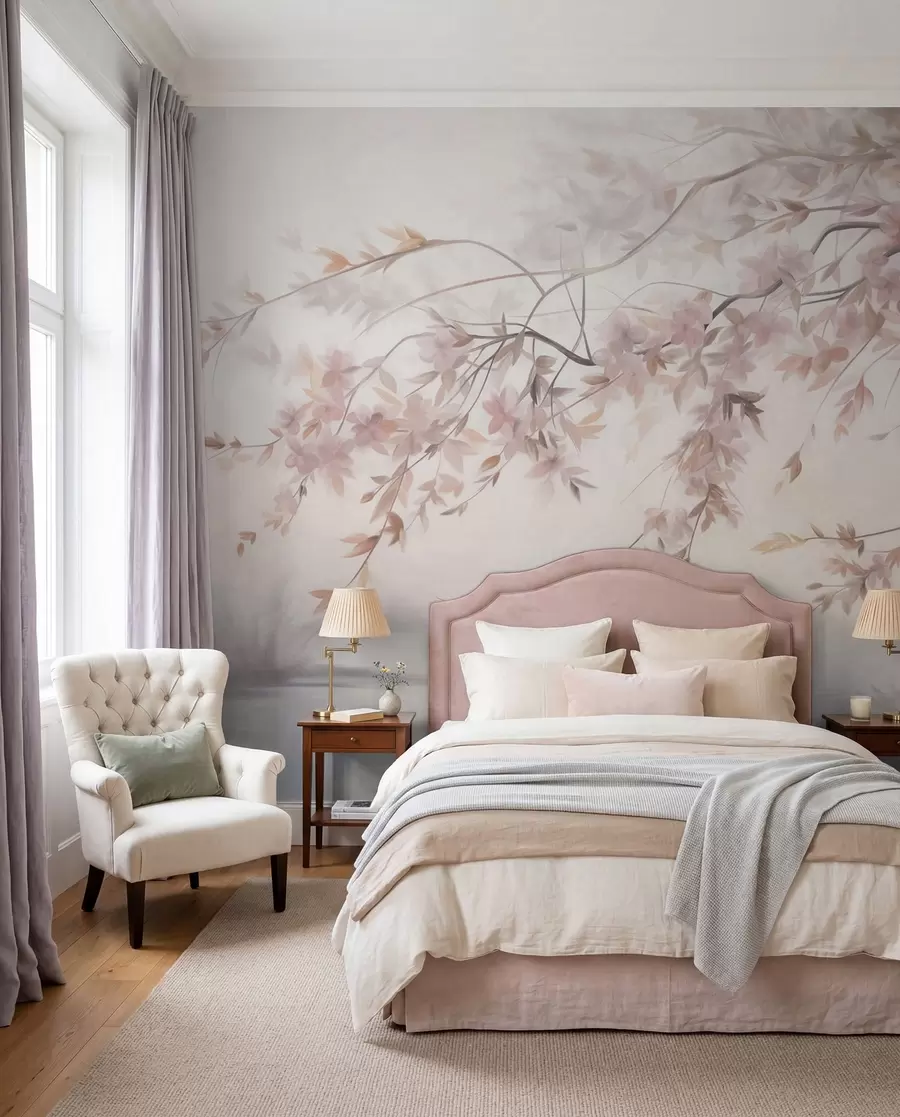wall murals Текстурирани пејзаж са граном цвета трешње, ружичастим листовима, меком, магловитом позадином w09743