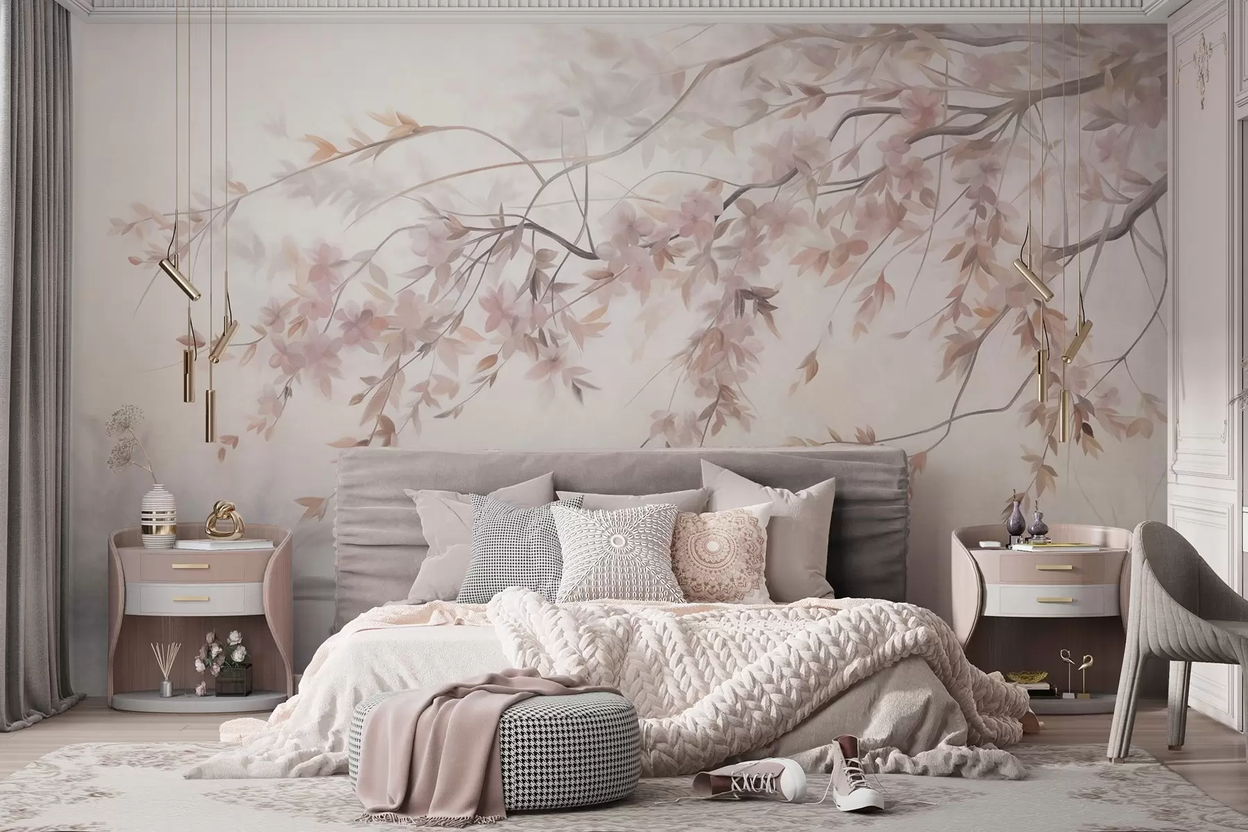 wall murals Текстурирани пејзаж са граном цвета трешње, ружичастим листовима, меком, магловитом позадином w09743
