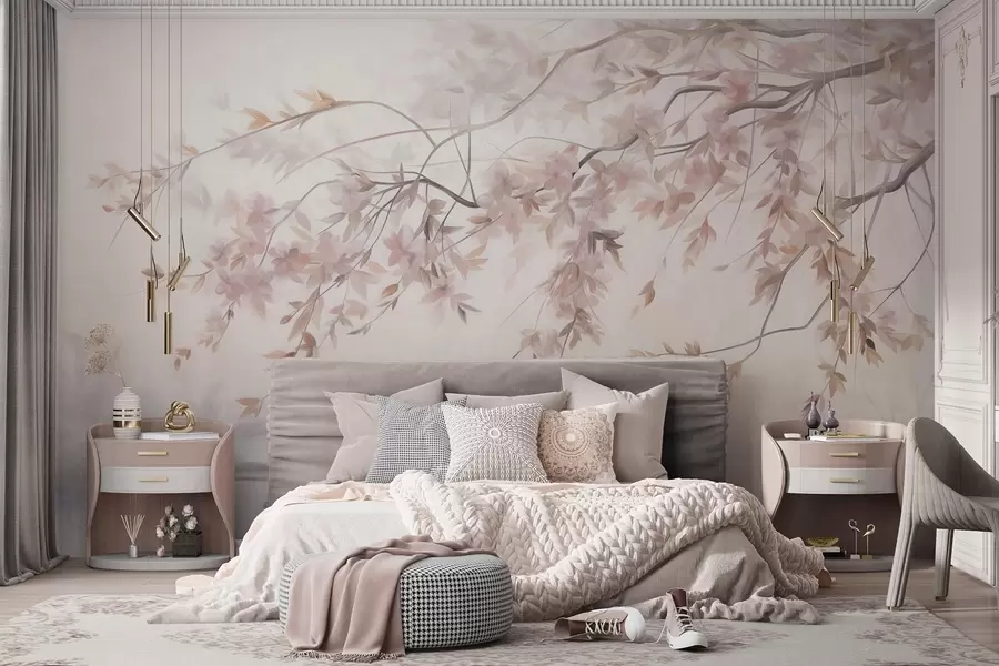 wall murals Текстурирани пејзаж са граном цвета трешње, ружичастим листовима, меком, магловитом позадином w09743