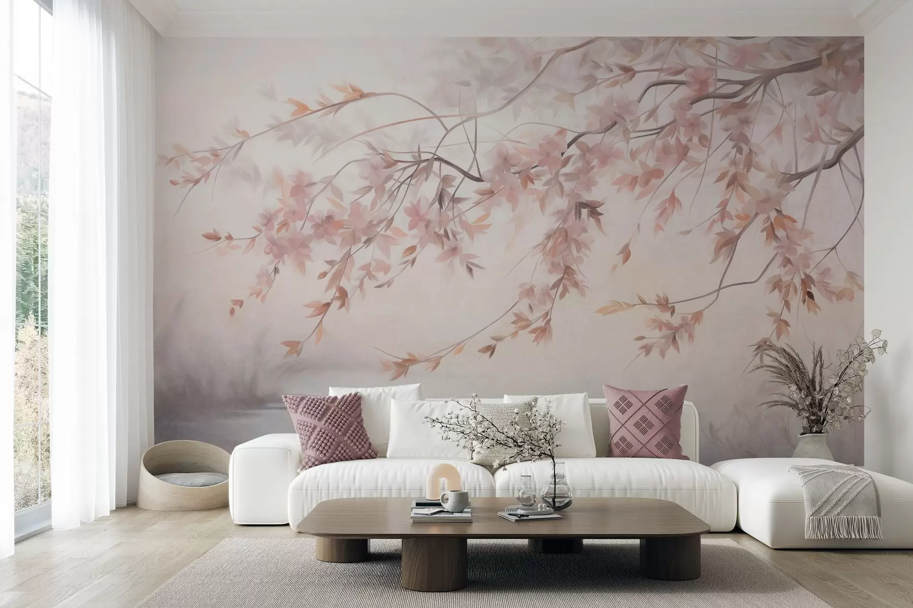 wall murals Текстурирани пејзаж са граном цвета трешње, ружичастим листовима, меком, магловитом позадином w09743