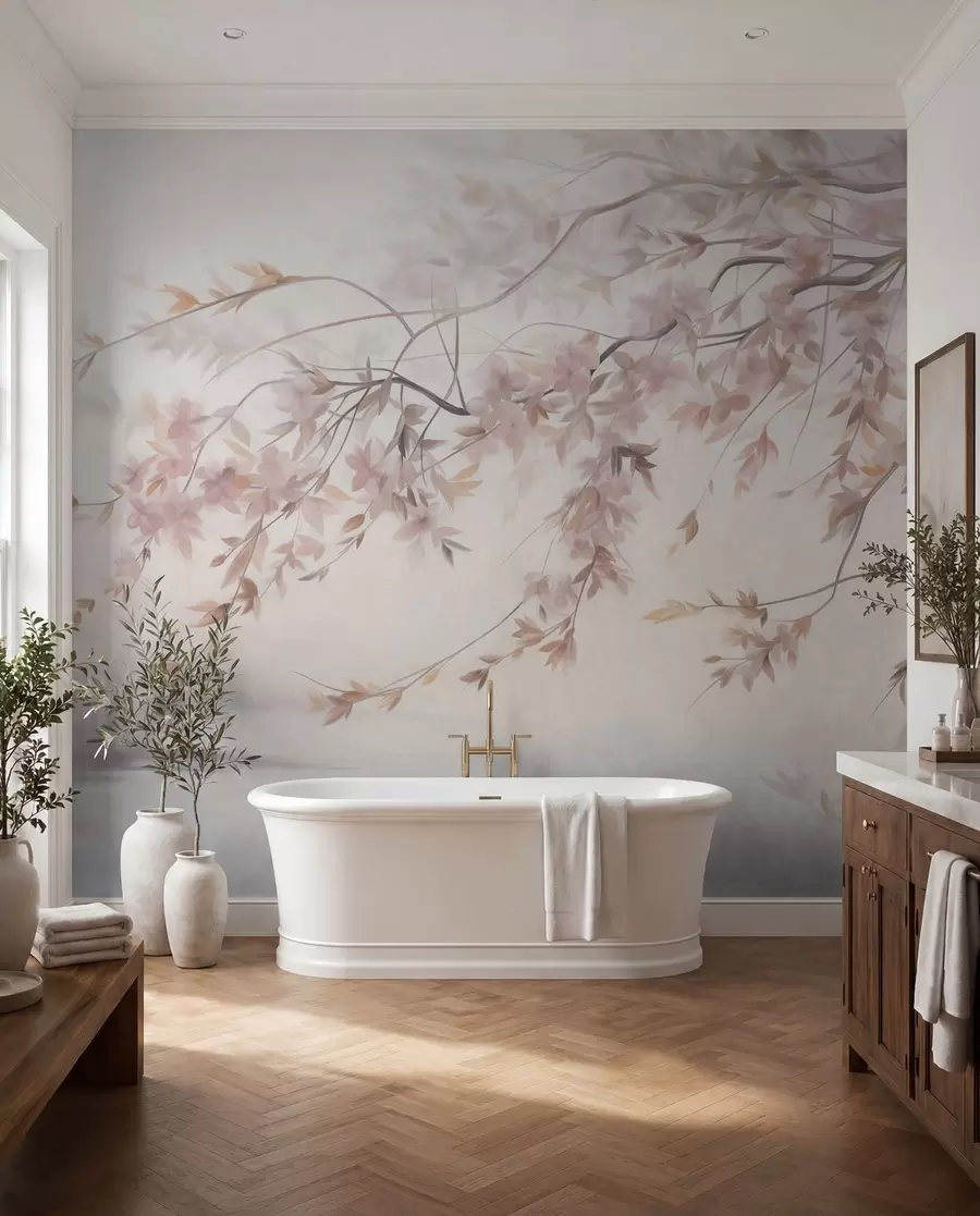 wall murals Текстурирани пејзаж са граном цвета трешње, ружичастим листовима, меком, магловитом позадином w09743