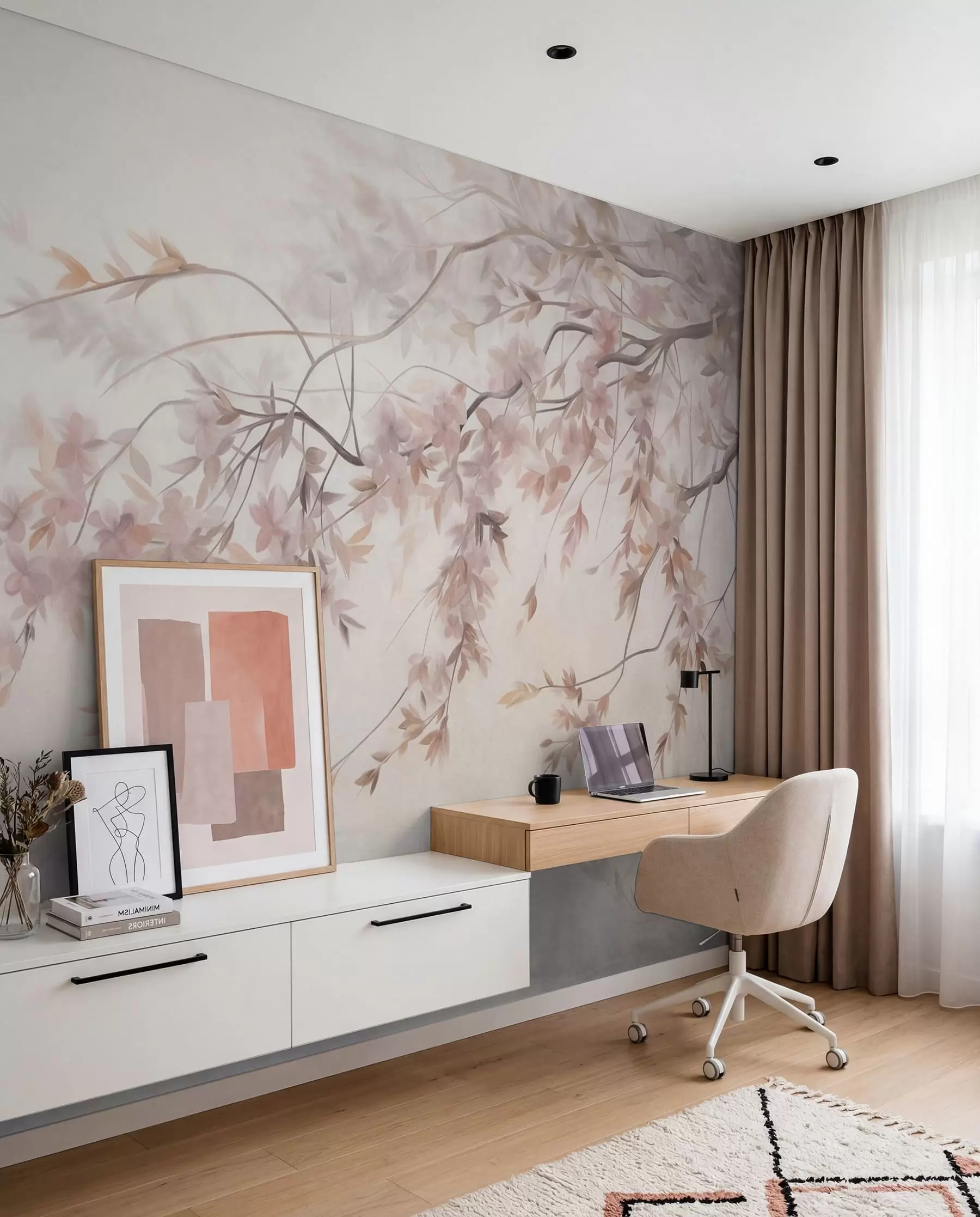 wall murals Текстурирани пејзаж са граном цвета трешње, ружичастим листовима, меком, магловитом позадином w09743