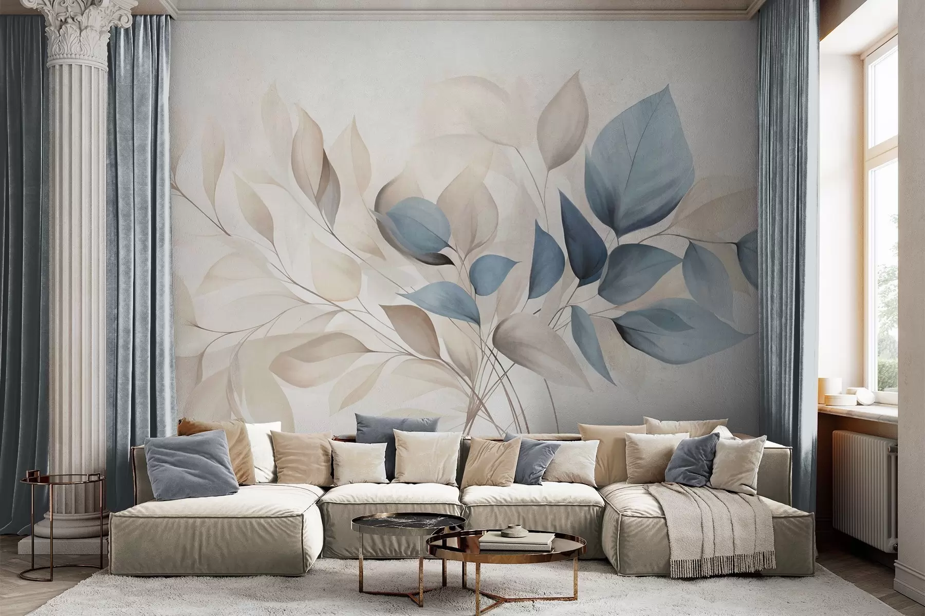wall murals Апстрактни провидни листови у нијансама плаве, беж и кремасте, текстурирана уметност w09744