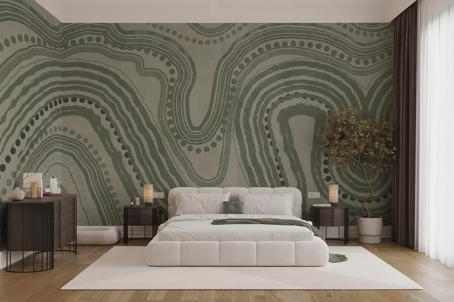wall murals Апстрактне зелене и беж таласасте линије и тачке, модерна текстурирана уметност w09747