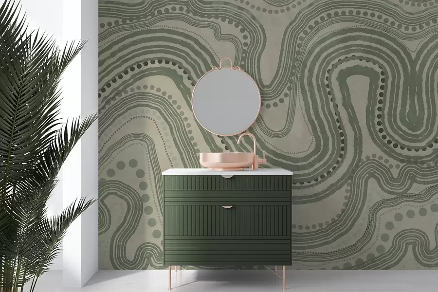 wall murals Апстрактне зелене и беж таласасте линије и тачке, модерна текстурирана уметност w09747