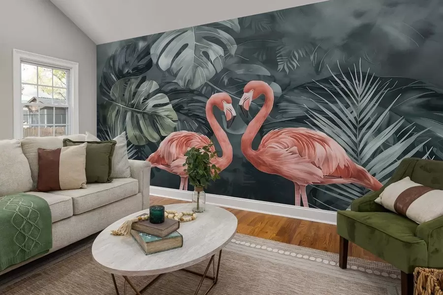 wall murals Пар фламинга у тропским биљкама w09687