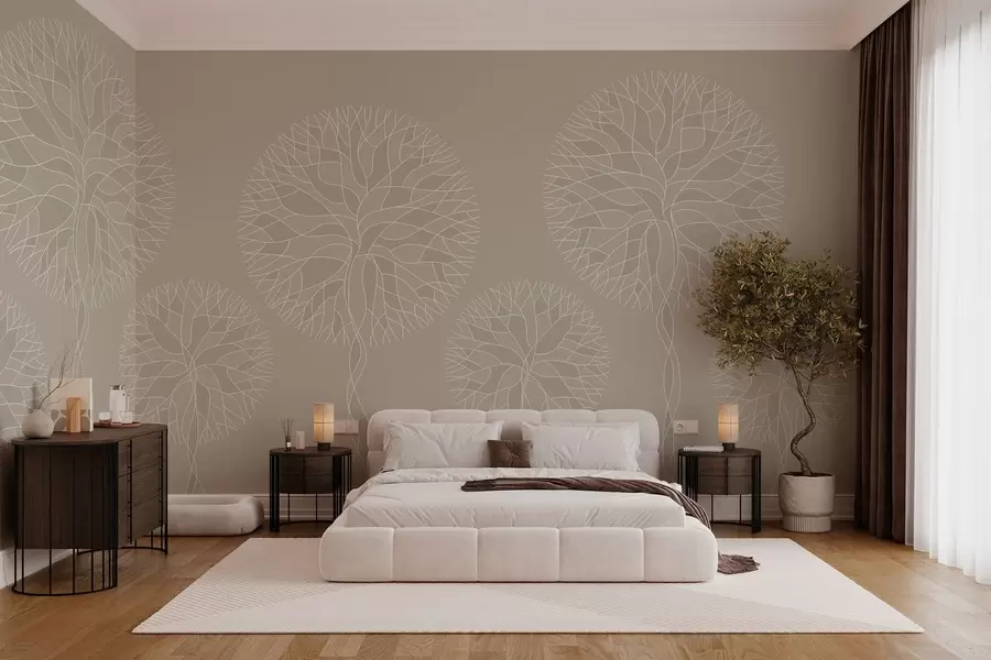 wall murals Фантазијско линеарно дрвеће са бујним крунама у беж тоновима w05213v3