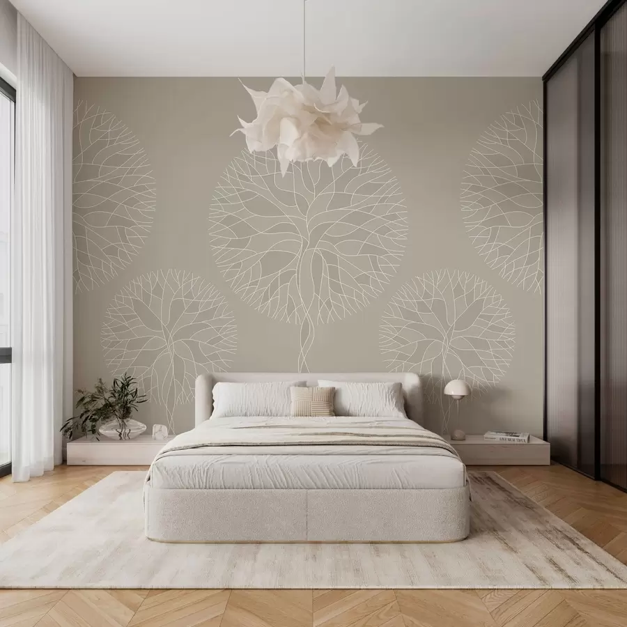 wall murals Фантазијско линеарно дрвеће са бујним крунама у беж тоновима w05213v3