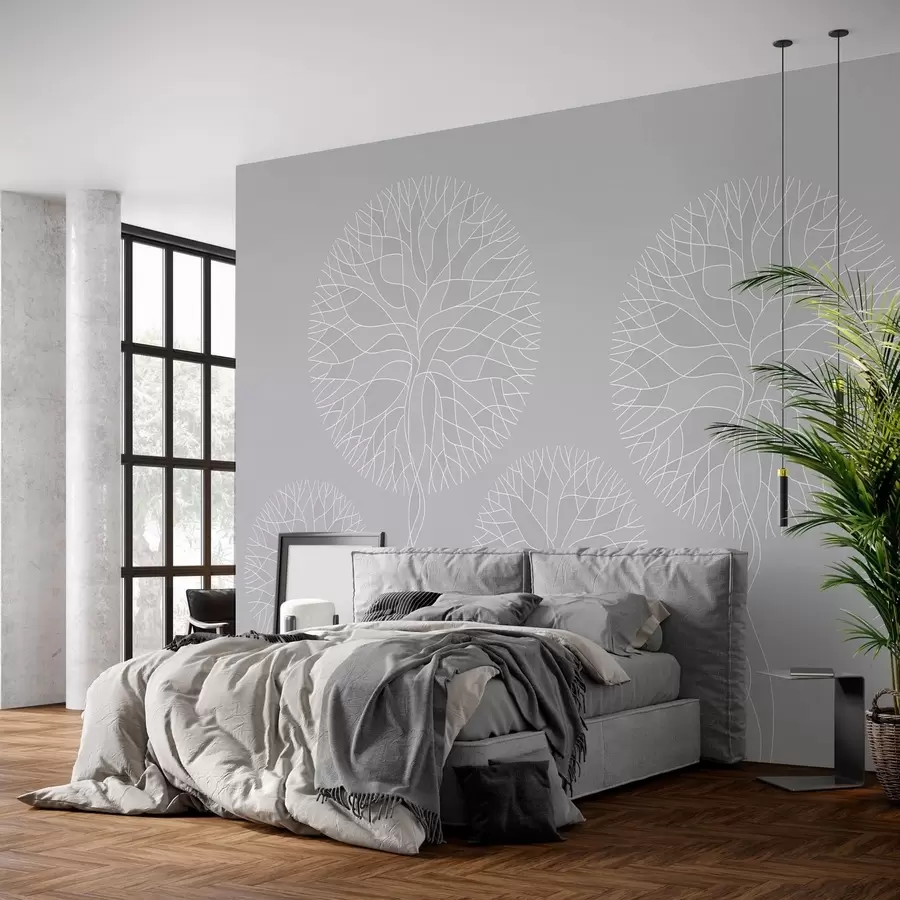 wall murals Фантазијско линеарно дрвеће са бујним крунама у светло сивим тоновима w05213v4