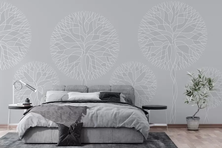 wall murals Фантазијско линеарно дрвеће са бујним крунама у светло сивим тоновима w05213v4