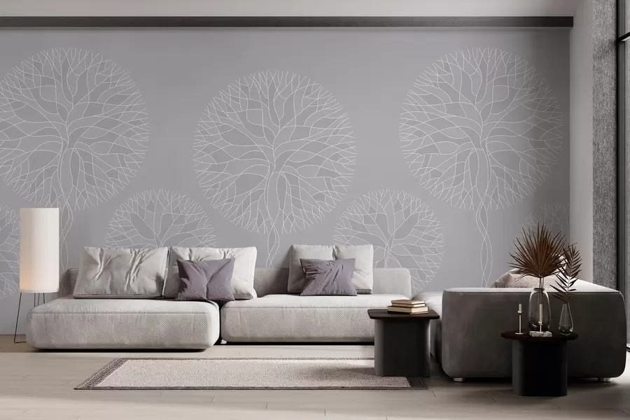 wall murals Фантазијско линеарно дрвеће са бујним крунама у светло сивим тоновима w05213v4