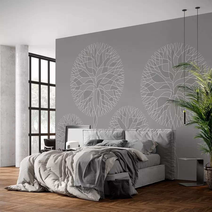 wall murals Фантазијско линеарно дрвеће са бујним крошњама у средње сивим тоновима w05213v5