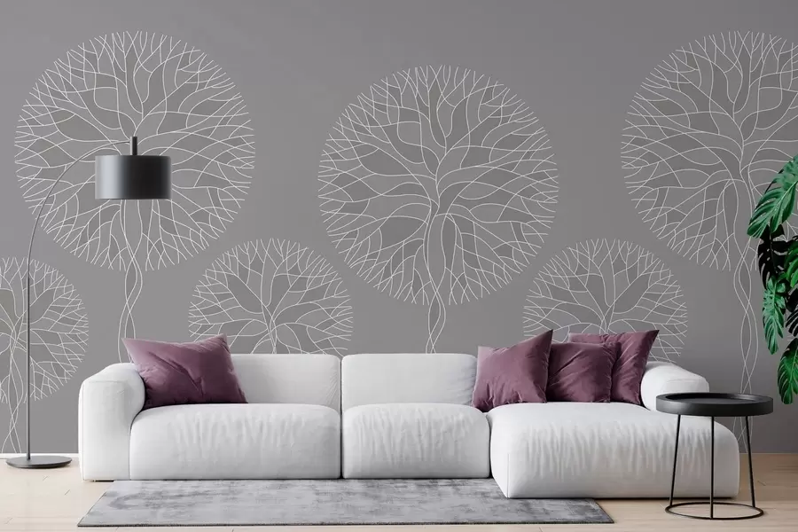 wall murals Фантазијско линеарно дрвеће са бујним крошњама у средње сивим тоновима w05213v5
