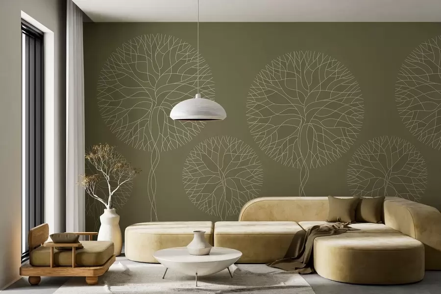 wall murals Фантазијско линеарно дрвеће са бујним крунама у каки тоновима w05213v7