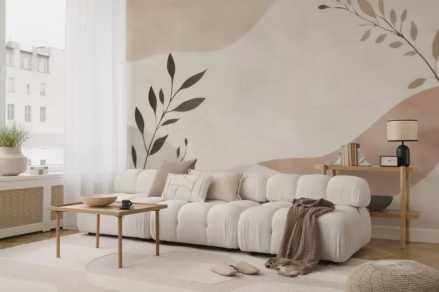 wall murals Апстрактни беж-бресквасти таласи са гранама w09722