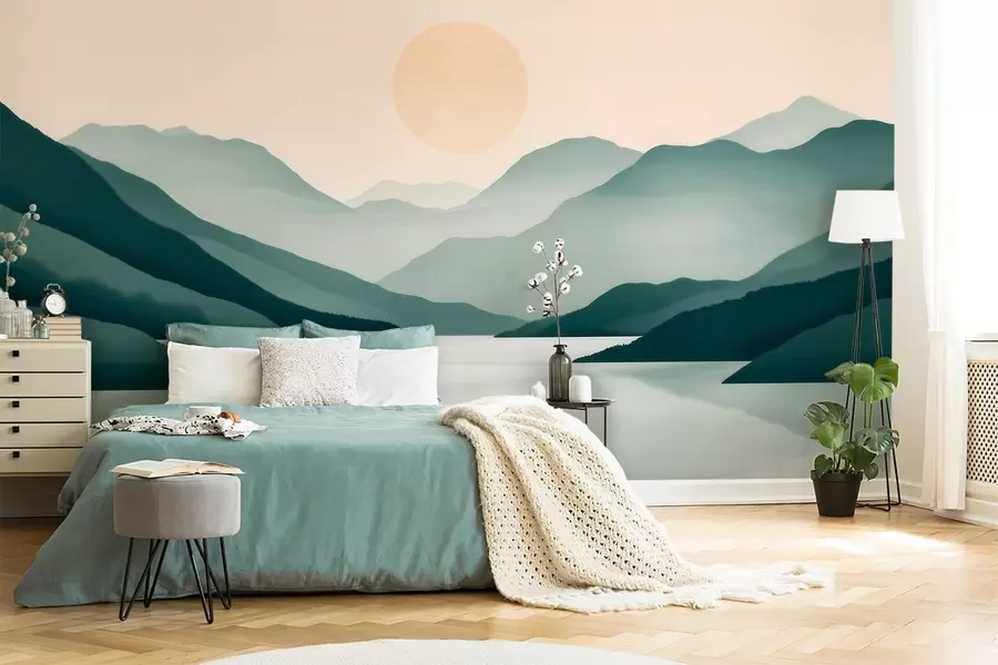 wall murals Тихи планински пејзаж са сунцем изнад језера w09735