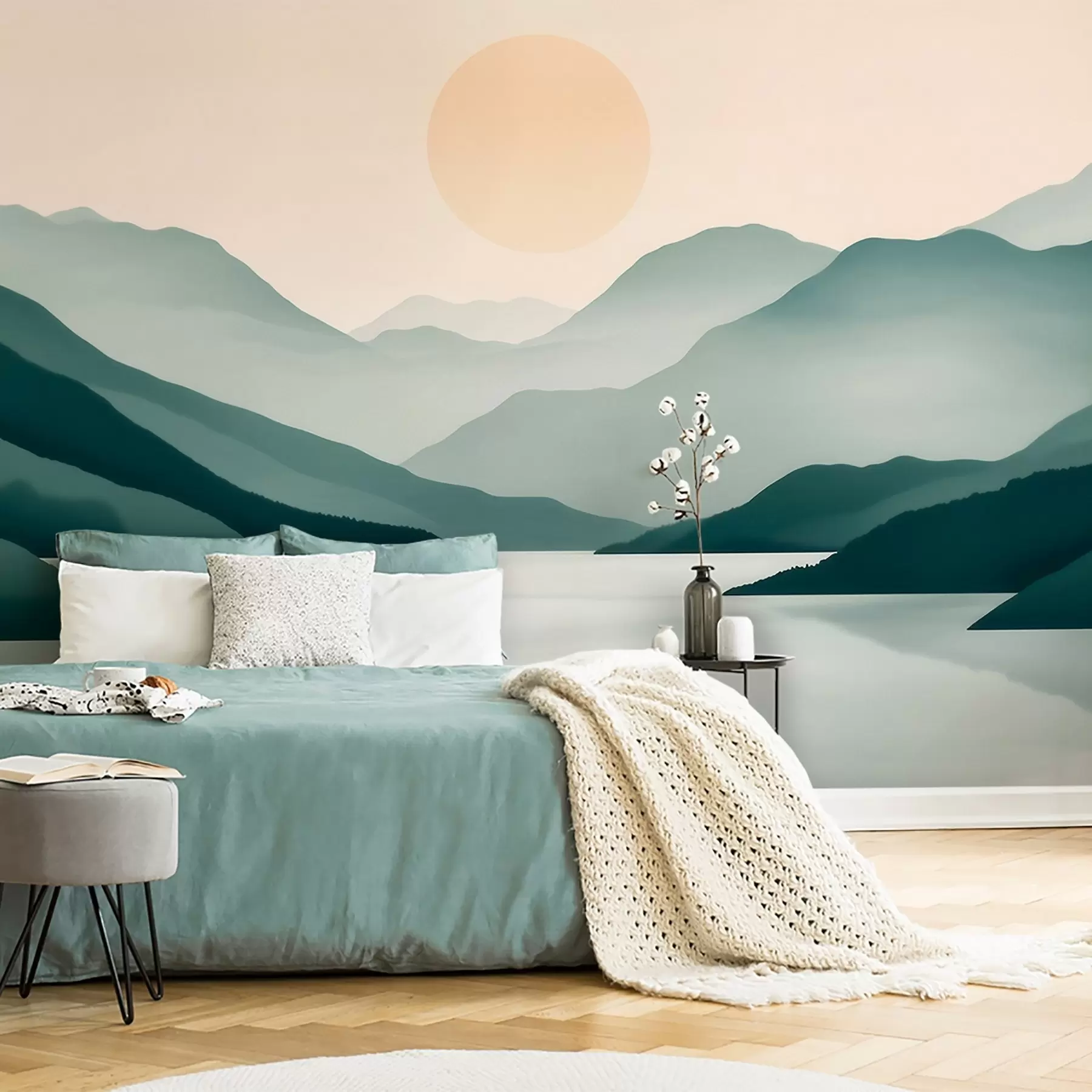 wall murals Тихи планински пејзаж са сунцем изнад језера w09735