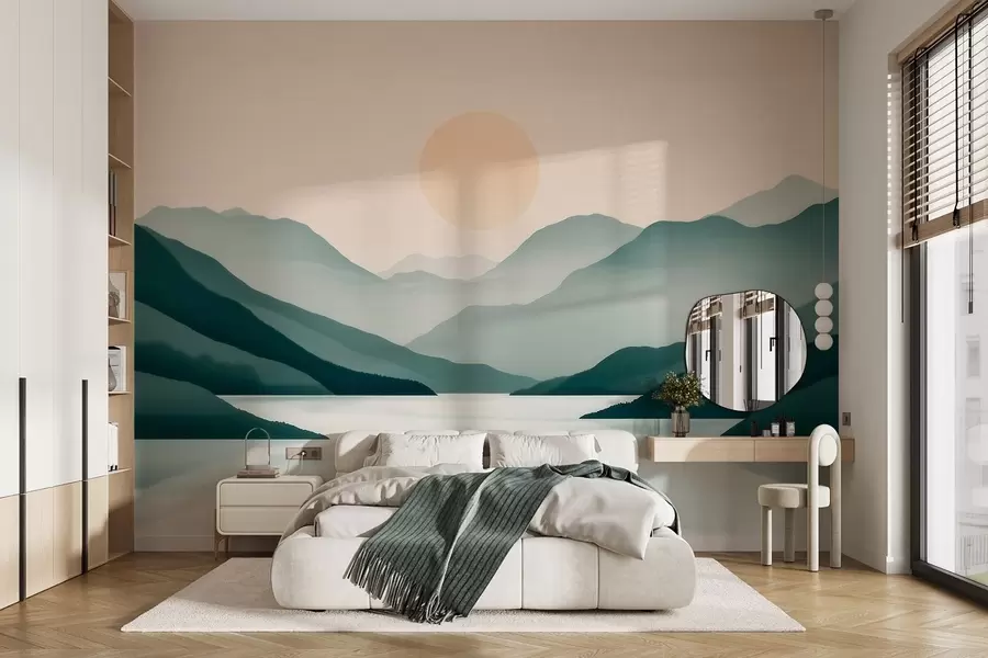 wall murals Тихи планински пејзаж са сунцем изнад језера w09735
