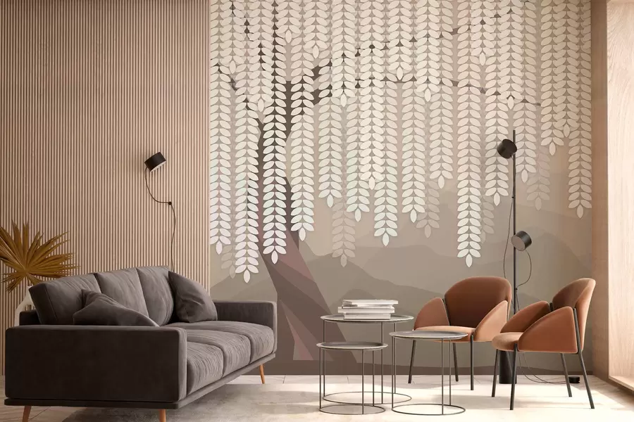 wall murals стилизована врба са висећим лишћем на позадини минималистичких планина у нијансама кафе w05232v2