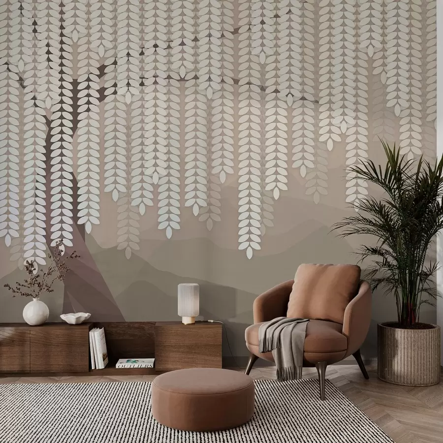 wall murals стилизована врба са висећим лишћем на позадини минималистичких планина у нијансама кафе w05232v2