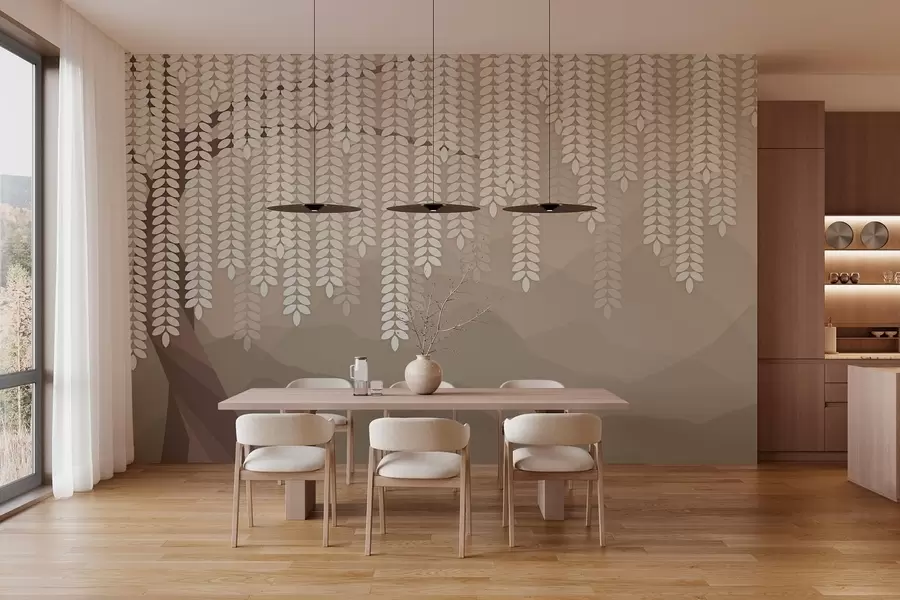 wall murals стилизована врба са висећим лишћем на позадини минималистичких планина у нијансама кафе w05232v2
