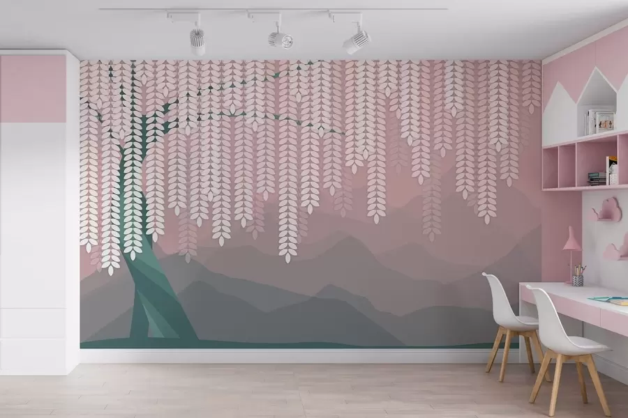 wall murals стилизована врба са висећим листовима на позадини минималистичких планина у нијансама ружичасте и тамнозелене w05232v4