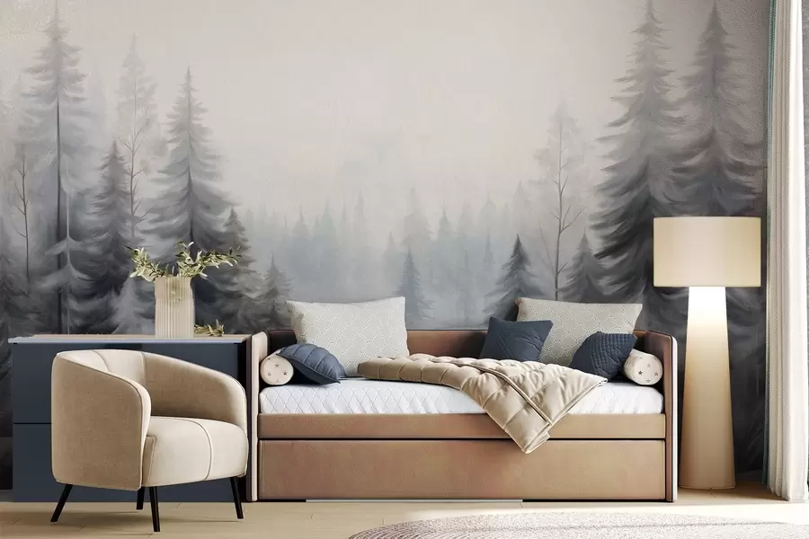 wall murals Текстурирано зимско шумско дрвеће у магли, у пригушеним сивим и белим тоновима w09745