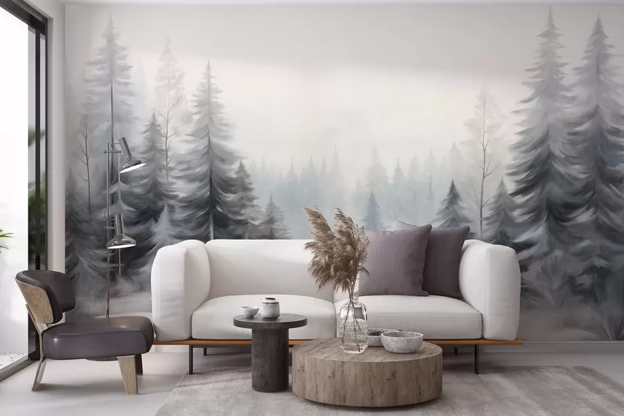 wall murals Текстурирано зимско шумско дрвеће у магли, у пригушеним сивим и белим тоновима w09745