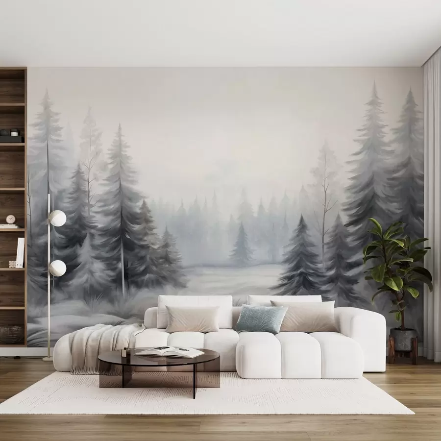 wall murals Текстурирано зимско шумско дрвеће у магли, у пригушеним сивим и белим тоновима w09745
