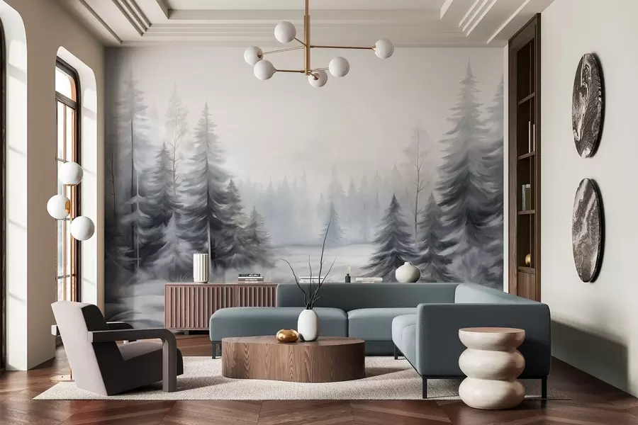 wall murals Текстурирано зимско шумско дрвеће у магли, у пригушеним сивим и белим тоновима w09745