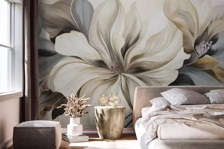 wall murals Велики, кремасти цветови магнолије са смеђим и сивим листовима, меко осветљење, апстрактна позадина w09749