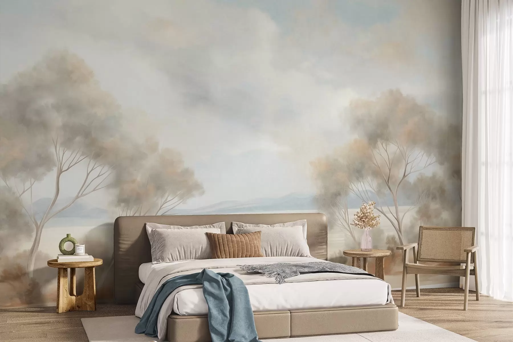wall murals Стил сликања текстурираног пејзажа са дрвећем под облачним небом w09753