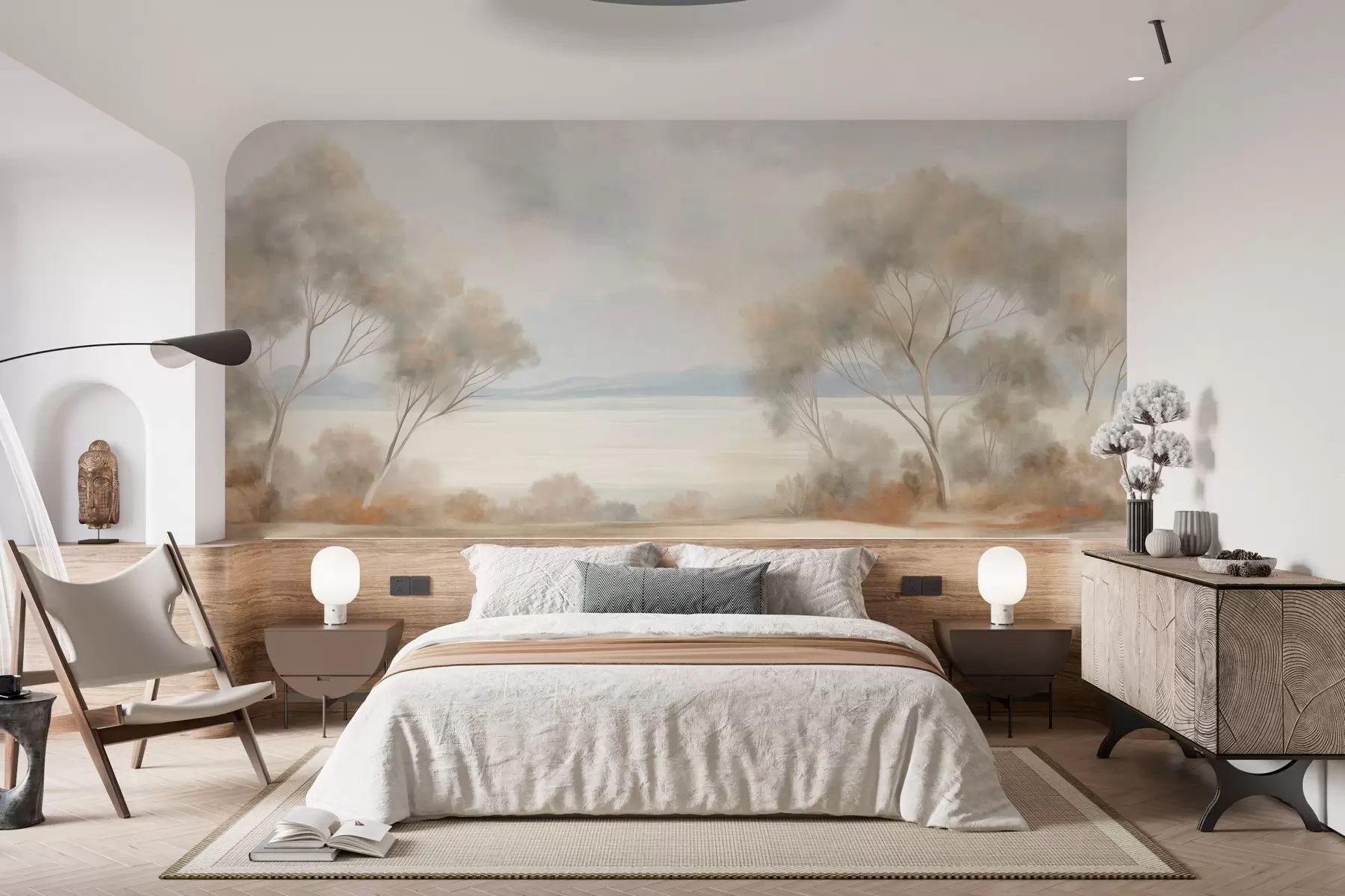 wall murals Стил сликања текстурираног пејзажа са дрвећем под облачним небом w09753