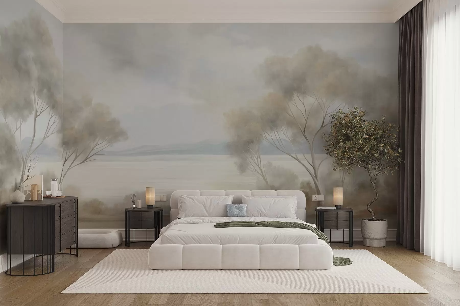 wall murals Стил сликања текстурираног пејзажа са дрвећем под облачним небом w09753